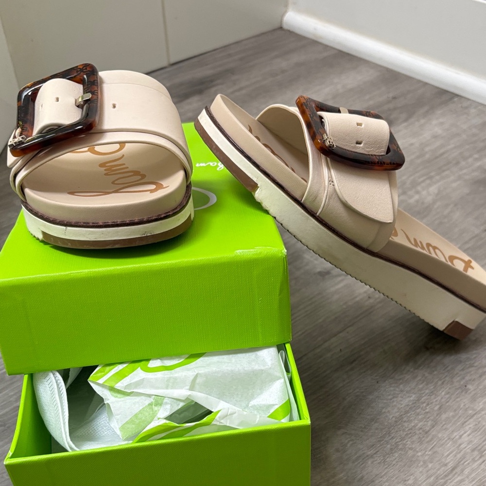 Sam Edelman Cream Slide Sandals with Brown Buckle